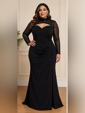 Black Sequin Sleeve Mock Neck Evening Gown Maxi Dress 2XL Formal Party BN